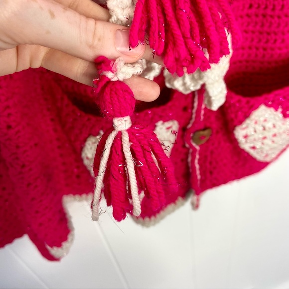 💖HAND-KNIT Pink Chunky Cardigan Belted Heart Patch Pockets Whimsical Crochet - Picture 8 of 9